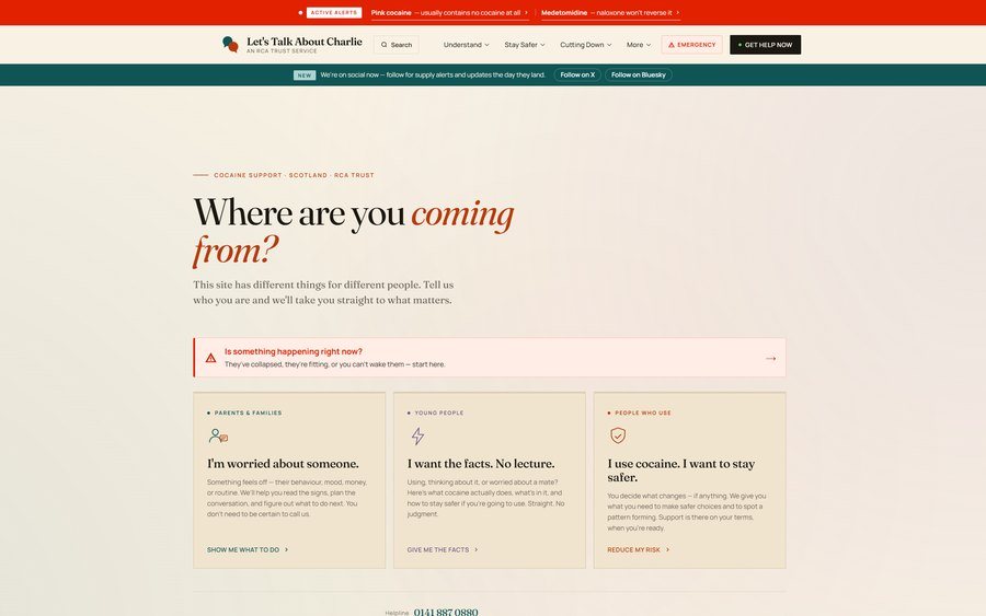 The Let's Talk About Charlie website: a cream page headed Where are you coming from, with live supply alerts across the top and three routes for different readers.