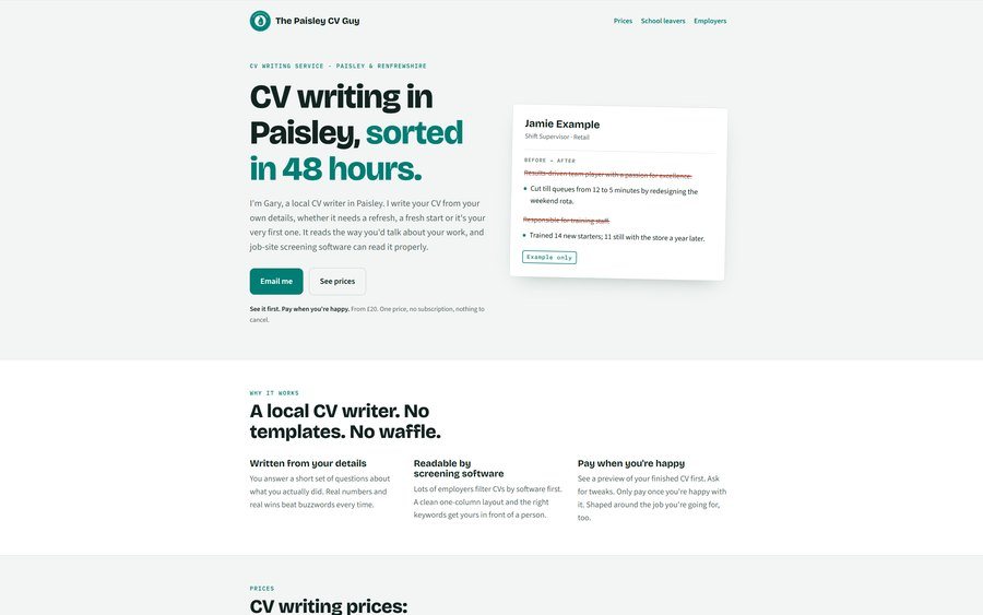 The Paisley CV Guy website: a clean page headed CV writing in Paisley, sorted in 48 hours, with an example CV shown beside it.