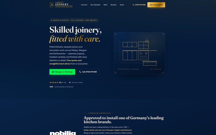 The A. Daley Joinery website: a dark navy page headed Skilled joinery, fitted with care, with WhatsApp and call buttons and a five-star review line.