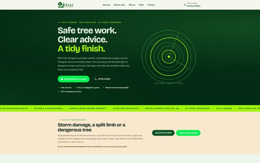 The RIAI Tree Surgeons website: a deep green page headed Safe tree work, clear advice, a tidy finish, with buttons to send photos or call.